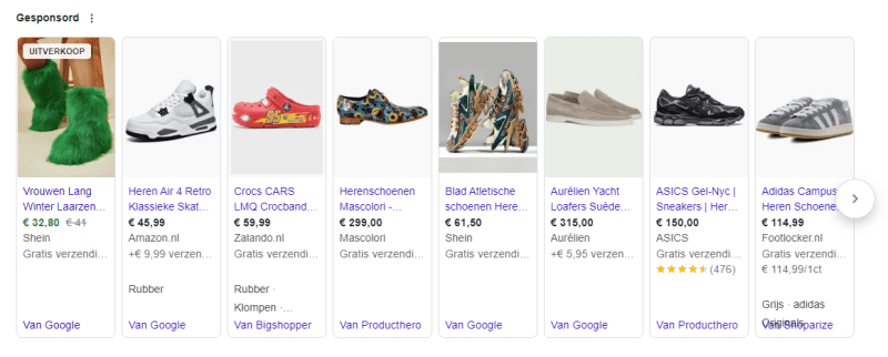 Google shopping voorbeeld - Zoekterm schoenen