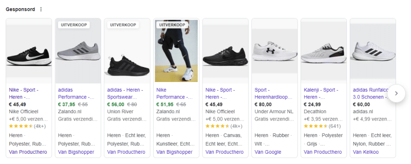 Google shopping voorbeeld - Zoekterm sportschoenen mannen