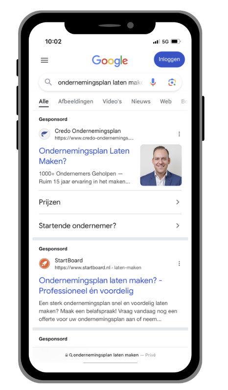 Screenshot van een Google Ads advertentie van Credo Ondernemingsplan